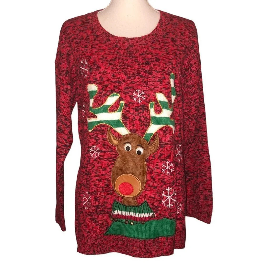 HOLIDAY TRADITIONS Sz L Red Christmas Xmas Reindeer Women's Sweater Google Eyes